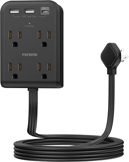 Flat Electrical Outlet Extender with USB C Ports, 4 Outlet 3 USB Wall Plug, 6 ft Ultra Thin Extension Cord, Flat Plug Power Strip Surge Protector for Home, Office. Black