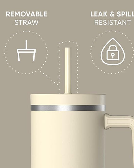 Hydrapeak Voyager 40 Oz Stainless Steel Tumbler with Handle, Insulated Water Bottle With Straw & Lid, Cupholder Friendly Reusable Travel Mug (Modern Cream)