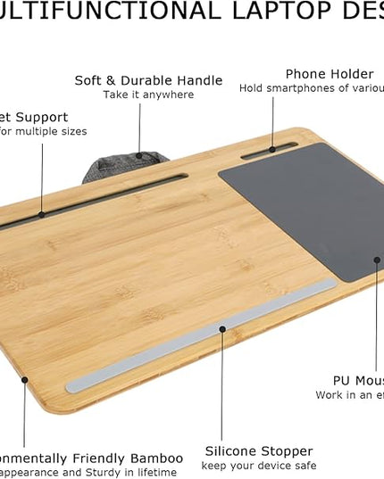 SUMISKY Laptop Lap Desk with Cushion Protable LapDesk with Handle Tablet Support Phone Holder and Mouse Pad Oversized Bamboo Laptop Stand for Sofa Fits Up to 17 Inches