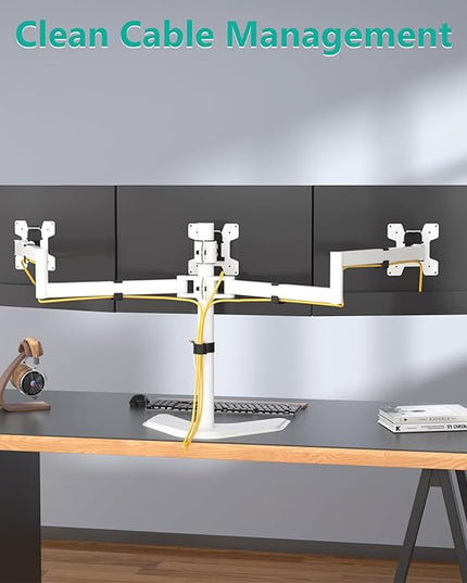 WALI Triple Monitor Stand, Free Standing Three LCD Monitor Fully Adjustable Desk Mount Fits 3 Screens up to 27 inch, 22 lbs Weight Capacity per Arm (MF003-W), White
