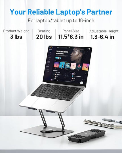 Metfut Laptop Cooling Pad with Detachable Fan & Thermoelectric Cooler, Adjustable Height & Angle, 360 Rotation Base, Carbon Steel Framework, Ultra-Quiet & Super Sturdy for up to 15.6” Laptop