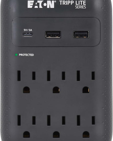 Eaton Tripp Lite SK60CB Wall Surge Protector Power Strip & USB Wall Charger, 6-Outlet Extender, 1 USB-C + 2 USB Ports, 1080 Joules, Multi-Plug Outlet Splitter, Black, Lifetime Manufacturer's Warranty