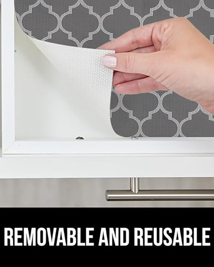 GORILLA GRIP DripGuard Shelf Liner, Non Adhesive Drawer and Kitchen Cabinet Protector, Slip Resistant BPA Free Smooth Surface Plastic Liners for Cabinets, Bathrooms, Closets, 17.5x120 Inch, White Gray