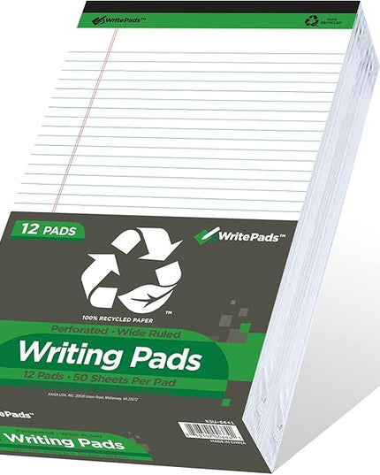 KAISA White Legal Pads Writing Pads Recycled Paper, 8.5"x14" Wide Ruled Lined Paper Perforated 50 sheets Hard Back Notepads Large Legal Pad Writing Tablet For Office Supplies (White 12pads)