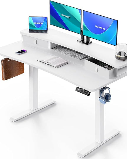 HUANUO 48″ x 24″ Electric Standing Desk with 2 Drawers, C-Clamp Mount Compatible, Height Adjustable Computer Desk, Home Office Stand Up Desk with 4 Preset Heights & 2 Hooks, White
