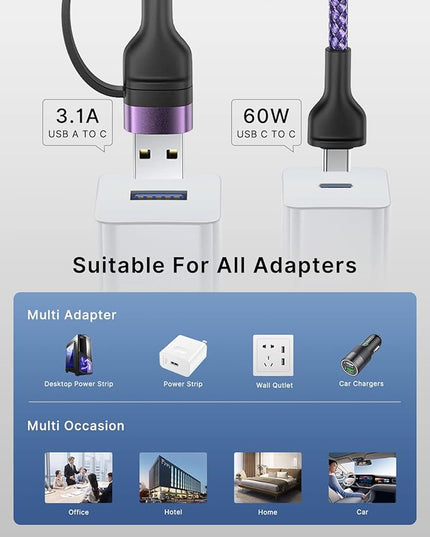 4-in-1 USB C Cable, USBC Lightning Cable USB C to C Charging Cable 60W PD [Fast & Data Sync] 4 in 1 Multi Charger for iPhone 16 15 14 13 12,MacBook Pro 2024 iPad mini 6/Pro,Samsung Galaxy
