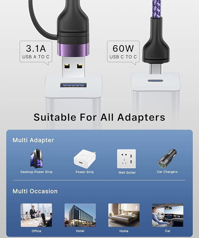 4-in-1 USB C Cable, USBC Lightning Cable USB C to C Charging Cable 60W PD [Fast & Data Sync] 4 in 1 Multi Charger for iPhone 16 15 14 13 12,MacBook Pro 2024 iPad mini 6/Pro,Samsung Galaxy