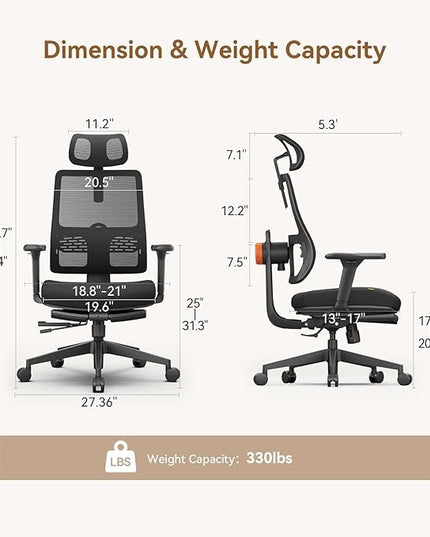Newtral Office Chair Ergonomic with Footrest, Auto-Following Lumbar Support, High Back Desk Chair with 4D Armrest,136° Tilt Lock, Adjustable Seat Depth & Height (2D Headrest, Black)