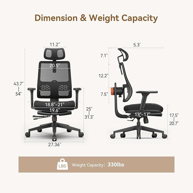 Newtral Office Chair Ergonomic with Footrest, Auto-Following Lumbar Support, High Back Desk Chair with 4D Armrest,136° Tilt Lock, Adjustable Seat Depth & Height (2D Headrest, Black)