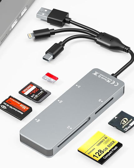 Memory Stick Pro Duo Adapter for iPhone/PC/iPad, 5 in 1 Memory Stick Pro Duo Reader for SD/TF/CF/MS/XD Card, Aluminum Portable Design XD Card Reader with Lightning/USB-C/USB-A Port