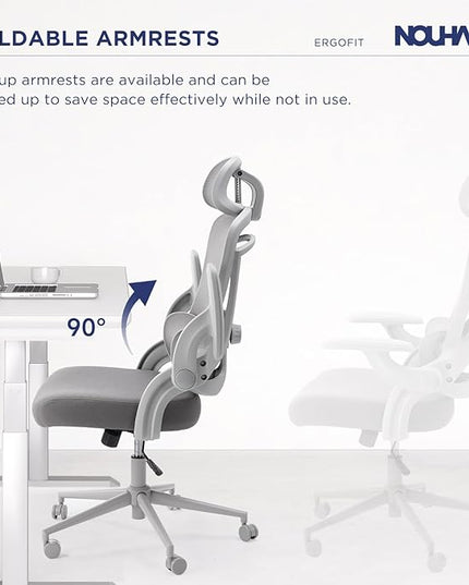 Nouhaus Ergo Fit Ergonomic Mesh Office Chair High Back Adjustable Lumbar Support Headrest and Adjustable Flip-up Armrests, Comfy Desk Chairs Swivel Computer Gaming Chair Tilt Function(N20, Grey)