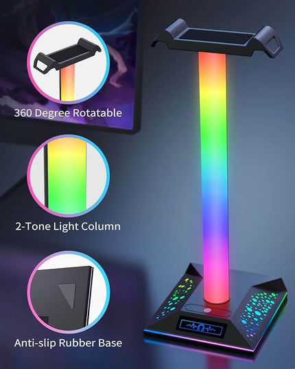 RGB Gaming Headset Stand, LED Headset Holder with 3 Charging Ports (2 USB & 1 Type-C) & 10 Lighting Modes, Headphone Stand Cool Stuff for Boys, Desk PC Gaming Accessories Gifts for Gamers Men Adult