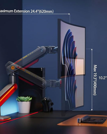 NB Designer Gaming Monitor Arm for 32 to 60 Inches Screen, Load up to 20 kg, VESA 75/100, RGB-Light, Heavy Duty, Multi Angle Adjustable, Premium Aluminum, Long Arm Extension Red