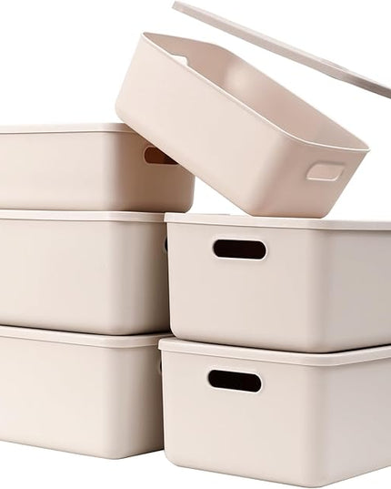 Plastic Storage Baskets With Lid Organizing Container Lidded Knit Storage Organizer Bins for Shelves Drawers Desktop Closet Playroom Classroom Office (4M+2S, Light grey)