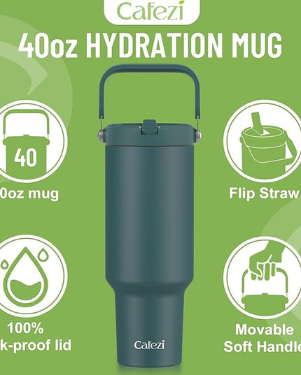 40 oz Insulated Tumbler with Top Handle and Flip Straw, Vacuum Insulated Stainless Steel Cup, Sweat-Free, Fits Cup Holder, Keeps Drinks Cold up to 30 Hours