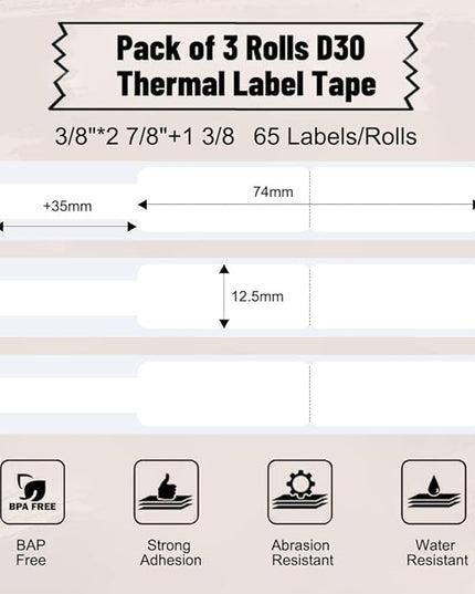 Phomemo D30 Label Maker Tape Cable Wire Label Tape, Black Print on White Sticker, 12.5mm x 74mm+35mm (3/8" x2 7/8"+1 3/8) Self-Adhesive Thermal Label Tape, 65 Tapes/Roll, 3-Roll