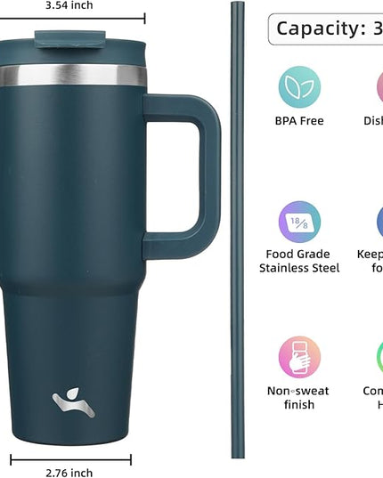 30 oz Tumbler with Handle and 2 Straws,2 in 1 Lid Insulated Water Bottle Stainless Steel Travel Coffee Mug,Navy blue