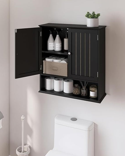 Over The Toilet Bathroom Wall Cabinet with 2 Doors & Open Shelf – Space Saving Medicine Cabinet, Wooden Wall Mounted Storage Cupboard for Bathroom Organization Black