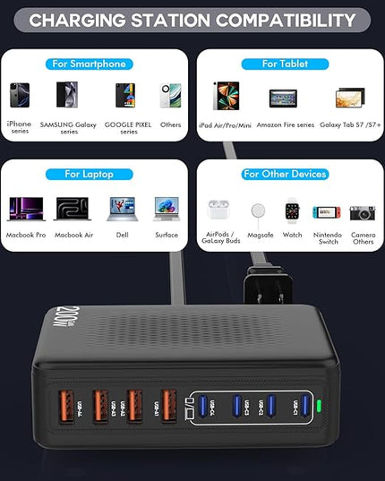 USB C Charger Block, 200W 8 Port USB C Charging Station, GaN Type C & A Charger Fast Charging Desktop Hub PD Block Laptop Adapter for Apple iPhone Air 17 16 15,iPad Pro/Air/Mini,MacBook Pro/Air,Galaxy