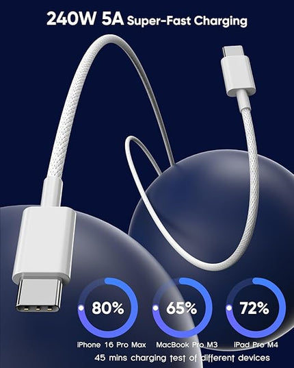 USB C to USB C,240W USB-C Woven Charge Cable,6.6ft 2Pack USB C Cable Fast Charging Cord for Apple MacBook Pro/MacBook Air,iPad Pro/Air,iPad mini,iPhone 16 15 Pro Max Plus Compatible 140W/100W/60W/45W