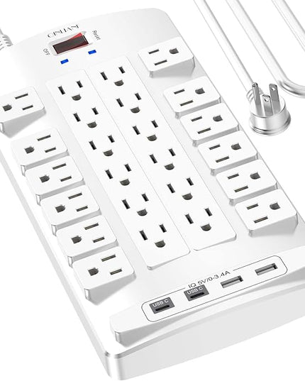 QINLIANF Surge Protector Power Strip - 10Ft Flat Plug Heavy Duty Extension Cord with 24 Outlets and 4 USB Ports(2 USB-C Ports), 1875W/15A, 4100J, for Home, Office, Dorm, ETL Listed, White