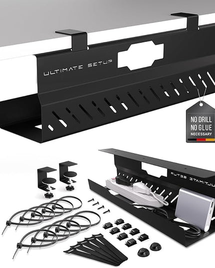 Under Desk Cable Management Tray no Drill – Wire Management - Cord Organizer – Huge Load Capacity – Under Desk Cable Tray no Drill (Black, 1 Piece Set)