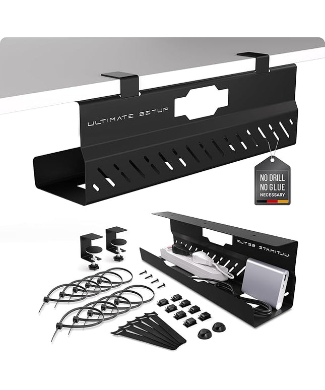 Under Desk Cable Management Tray no Drill – Wire Management - Cord Organizer – Huge Load Capacity – Under Desk Cable Tray no Drill (Black, 1 Piece Set)