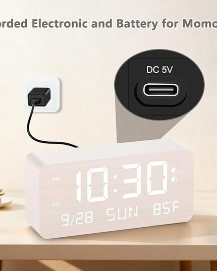 Fomobest Wooden Digital Alarm Clock for Bedroom - Desk Clock with Date, Day of Week, Temperature, Dual Alarms, Dimmer, USB Port Charge, DST, Adjustable Volume for Living Room/Office Wood Decor (White)