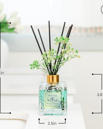 Reed Diffuser Set - Eucalyptus Mint Oil, Oil Diffuser Sticks, Bathroom Diffuser, Bathroom Decor, 200ml with Preserved Flowers - PEANÄK