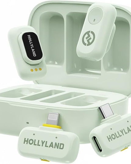 Hollyland Lark A1 Wireless Mini Microphone for iPhone & Android, 48kHz/24-bit, 3-Level Intelligent Noise Cancel, Microphone for YouTube, Podcast, Vlogging (Green, 2TX + 2RX + Charging Case)