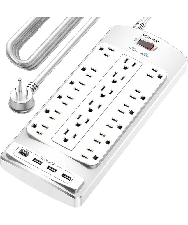 18 Outlets Surge Protector Power Strip - 20 Feet Flat Plug Heavy Duty Extension Cord with 18 Widely Outlets and 4 USB Ports, 2100 Joules, White, ETL Listed