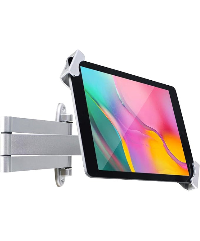 Tablet Wall Mount Holder with fold,Extend Adjustable Arm Swivel &Anti Theft Security Lock &Key, Multi Angle,Bracket for Most 7 to10.8 Inch,for iPad 10.9&11,Galaxy tab,& More(Silver)