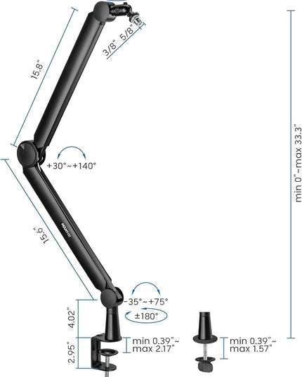 Mount-It! Mic Arm, Microphone Boom Arm, Adjustable Full Motion Mic Desk Mount, for Streaming, Gaming, Podcast, Recording, 3/8" and 5/8" Compatible, Height up to 33.3", Black