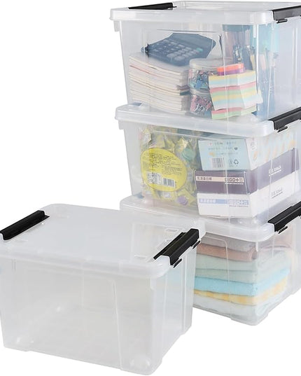 4 Pack 23 L Plastic Storage Bins with Wheels, Clear Storage Latch Box with Lids