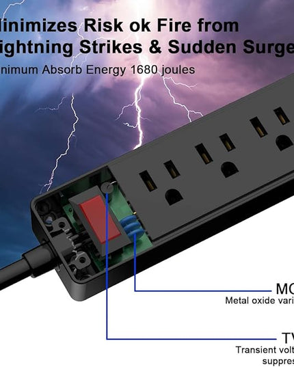 6Ft Power Strip Surge Protector - Yintar Extension Cord with 6 AC Outlets and 3 USB Ports for for Home, Office, Dorm Essentials, 1680 Joules, ETL Listed, (Black)
