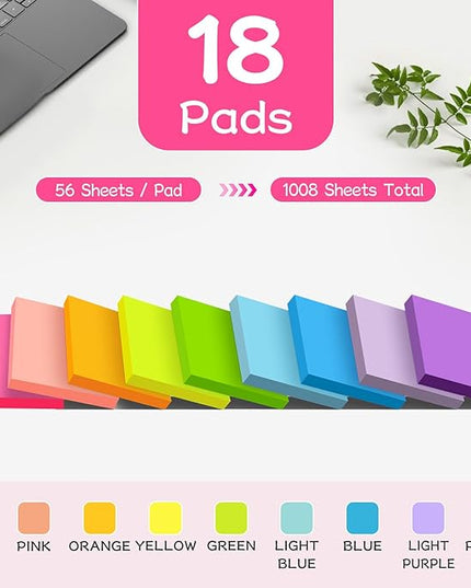 (18 Pads) Sticky Notes 3x3 inch, Self-Stick Pads Bright Colors Sticky Note, Recyclable, Easy to Post for Home, Office, Notebook