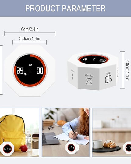 GuDoQi Digital Productivity Timer, Octagon Rotating Pomodoro Timers with Gravity-sensor, 1-3-5-15-30-60-90 Min Countdown, Portable Adjustable Sound Alert Multi Desk Timer or Study Task, Kitchen, White