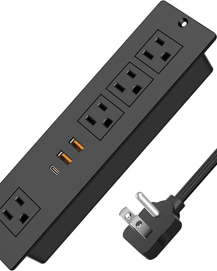 VILONG Flat Plug Recessed Power Strip with PD 20W USB-C, Flush Mounted Drawer Outlet, 4 AC Outlets & 3 USB Ports, Conference Desktop Built in Power Strip, 10FT Extension Cord(Black)