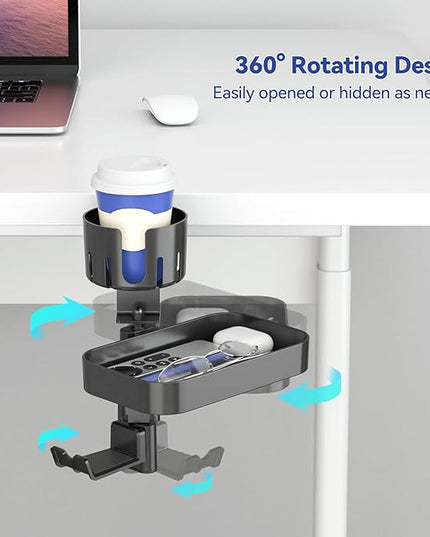KDD Desk Cup Holder with 2 Headphone Hook - Rotating Pencil Holder & Detachable Drawer Tray - Clamp on Under Desk Headphone Holder Hidden Storage for Office School Home Accessories
