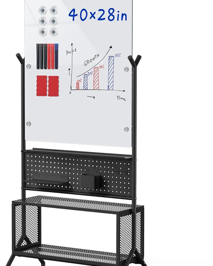40 x 28 inch Mobile Magnetic Glass Whiteboard, Double-Sided Board with Felt Back and Storage for Office & Classroom, White