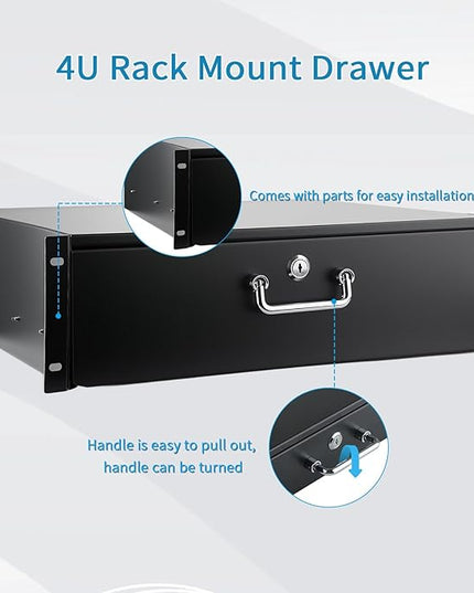 Rack Drawer, Rack Mount Drawer Designed for 19-inch Network Equipment, Servers, AV Racks, or Cabinet Enclosures. Sliding and Lockable Server Rack Drawer Features Cable Management Holes (4U)