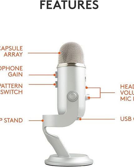 Logitech Creators Blue Yeti USB Microphone for Gaming, Streaming, Podcast, YouTube, Discord, PC, Studio Sound, Plug & Play-Silver