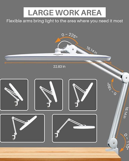Task Lamp with Clamp, Bright 117PCS LEDs, Metal Swing Arm 24W 2200 Lumen Dimmable Led Desk Lamp for Architect Home Office Study Reading Dorm Workbench Craft, 23 Inch Working Lamp(White)