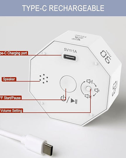 GuDoQi Digital Productivity Timer, Octagon Rotating Pomodoro Timers with Gravity-sensor, 1-3-5-15-30-60-90 Min Countdown, Portable Adjustable Sound Alert Multi Desk Timer or Study Task, Kitchen, White
