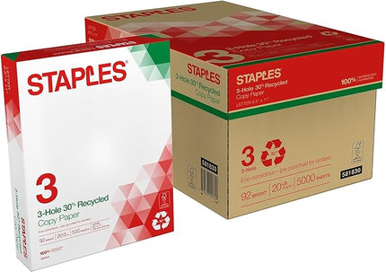 Staples Recycled 8.5 x 11-Inch, 3-Hole Punched Copy Paper 20 lb 92B 500/RM 10 RM/CT