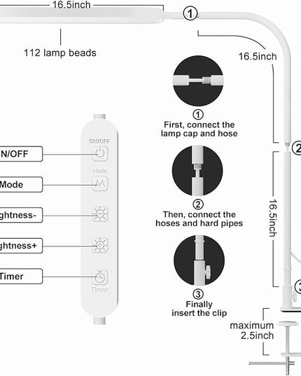 SKYLEO Led Desk Lamp - 33.5" Desk Light - Flexible Gooseneck - 5 Color Modes X 11 Brightness Levels - 1300LM - Timmer & Memory Function - 12W Clip on Light - White