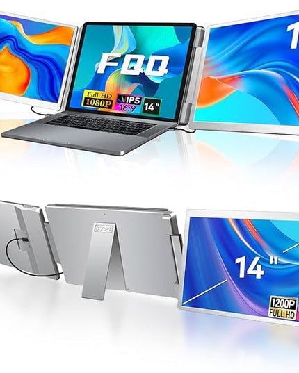 FQQ S7 Laptop Screen Extender,14-inch Portable Travel Triple Monitor-Left Screen 360° Flip,FHD 1200P IPS Triple Screen Laptop Monitor Extender for 12-16.5" Laptops,Compatible with Win and MacBook,Gray