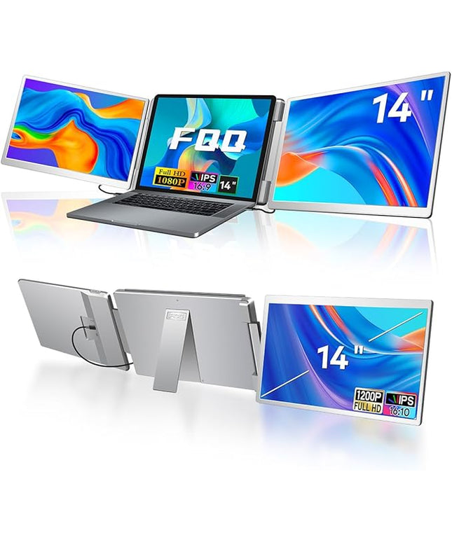 FQQ S7 Laptop Screen Extender,14-inch Portable Travel Triple Monitor-Left Screen 360° Flip,FHD 1200P IPS Triple Screen Laptop Monitor Extender for 12-16.5" Laptops,Compatible with Win and MacBook,Gray