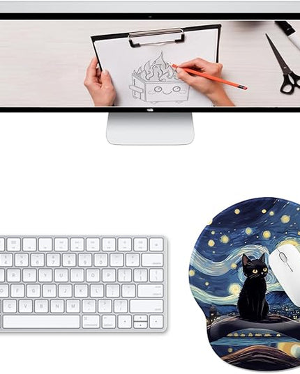 Black Cat Ergonomic Mouse Pad Wrist Support, Starry Night Gel Mouse Pads with Wrist Rest, Cute Computer Mousepad for Desk with Non-Slip PU Base, Comfortable Mouse Pad Office Desk Accessories