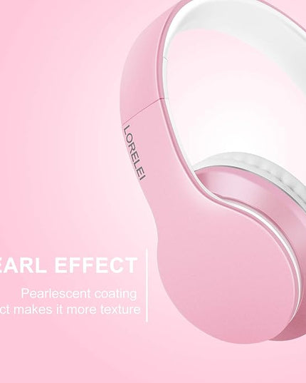 LORELEI X6 Over-Ear Headphones with Microphone, Lightweight Foldable & Portable Stereo Bass Headphones with 1.45M No-Tangle, Wired Headphones for Smartphone Tablet MP3 / 4 (Pearl Pink)